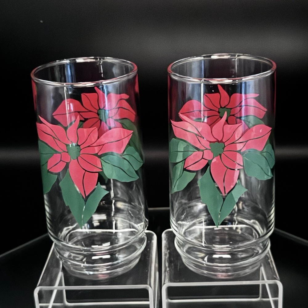 (2) Vintage Indiana Glass Red & Green Poinsettia Glass Tumbler Christmas Holiday